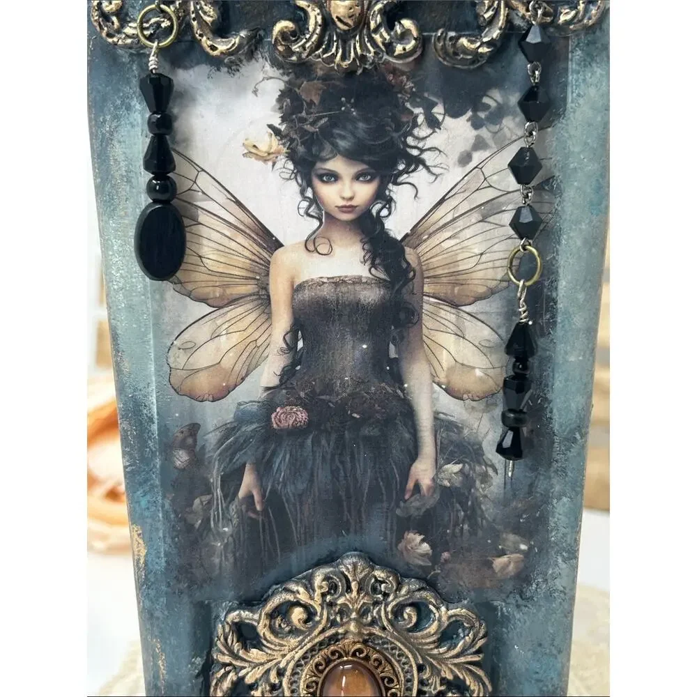 Handcrafted Fairy Art Décor Bottle in Teal with Black Beaded Accent